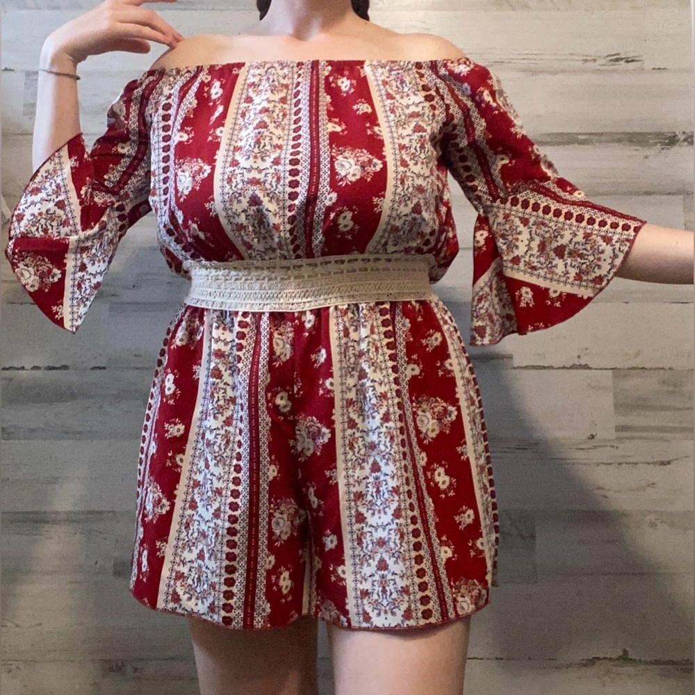 Rue21 Red Floral Off-Shoulder Romper with Crochet Waist - Picture 10 of 12